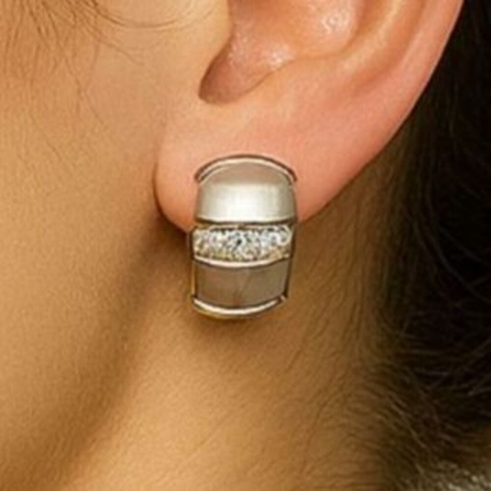 Retro Silver tone Cuff Earrings with Cubic Zirconia Pave Accents